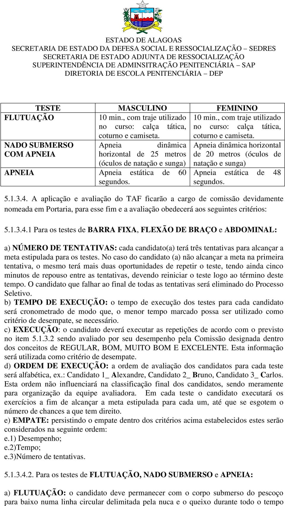 , com traje utilizado no curso: calça tática, Apneia dinâmica horizontal de 20 metros (óculos de natação e sunga) Apneia estática de 48