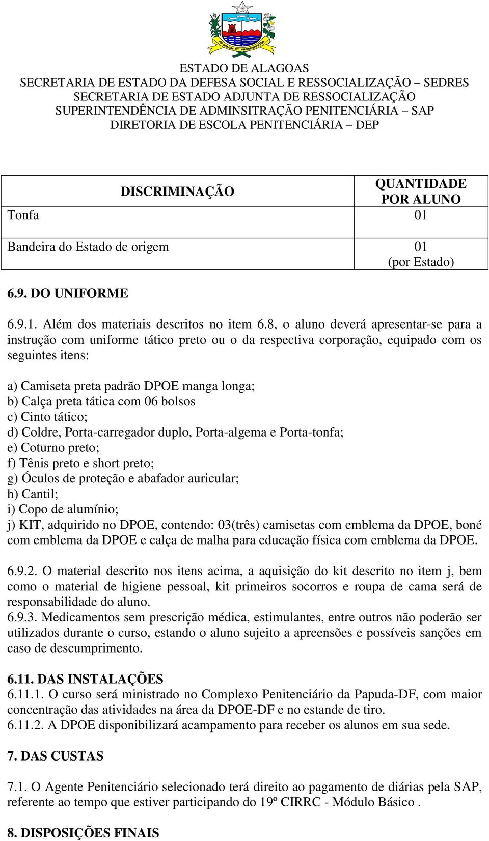 tática com 06 bolsos c) Cinto tático; d) Coldre, Porta-carregador duplo, Porta-algema e Porta-tonfa; e) Coturno preto; f) Tênis preto e short preto; g) Óculos de proteção e abafador auricular; h)