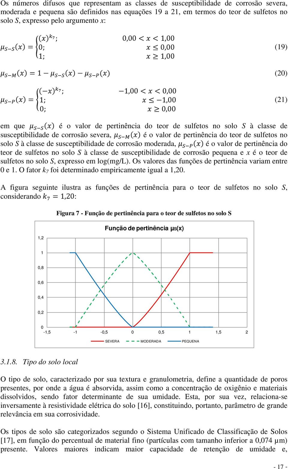 valor de pertinência do teor de sulfetos no solo S à classe de susceptibilidade de corrosão severa, μ S M (x) é o valor de pertinência do teor de sulfetos no solo S à classe de susceptibilidade de