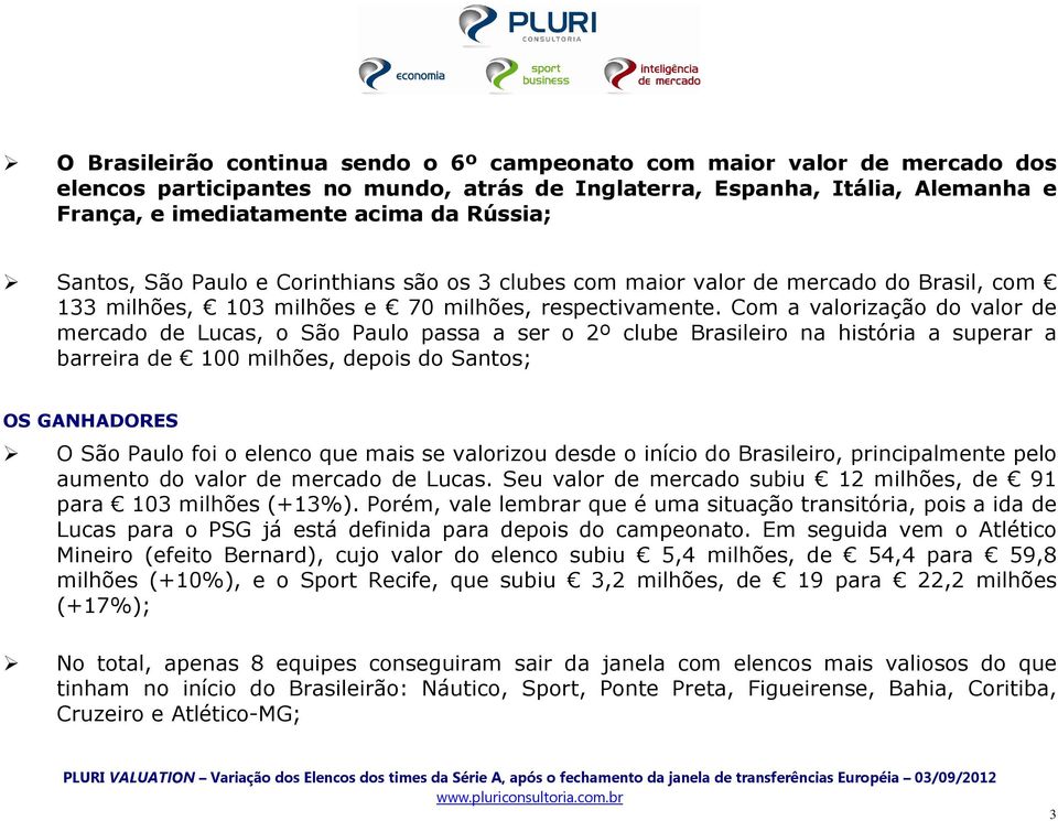 Com a valorização do valor de mercado de Lucas, o São Paulo passa a ser o 2º clube Brasileiro na história a superar a barreira de 100 milhões, depois do Santos; OS GANHADORES O São Paulo foi o elenco