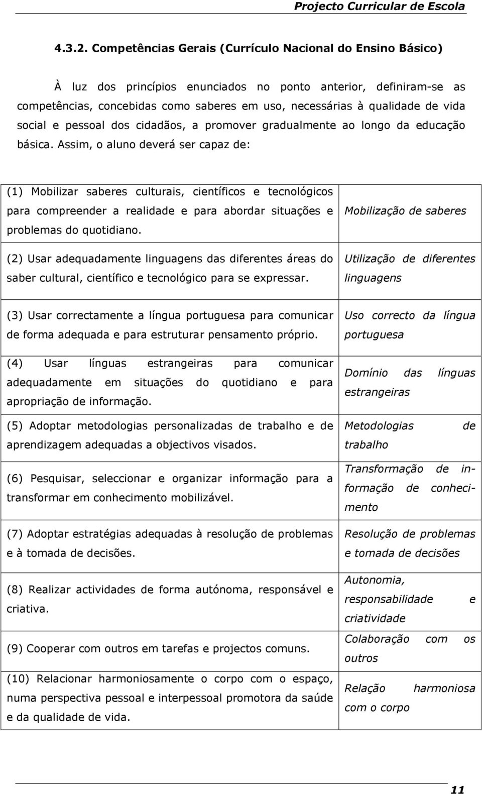 vida social e pessoal dos cidadãos, a promover gradualmente ao longo da educação básica.