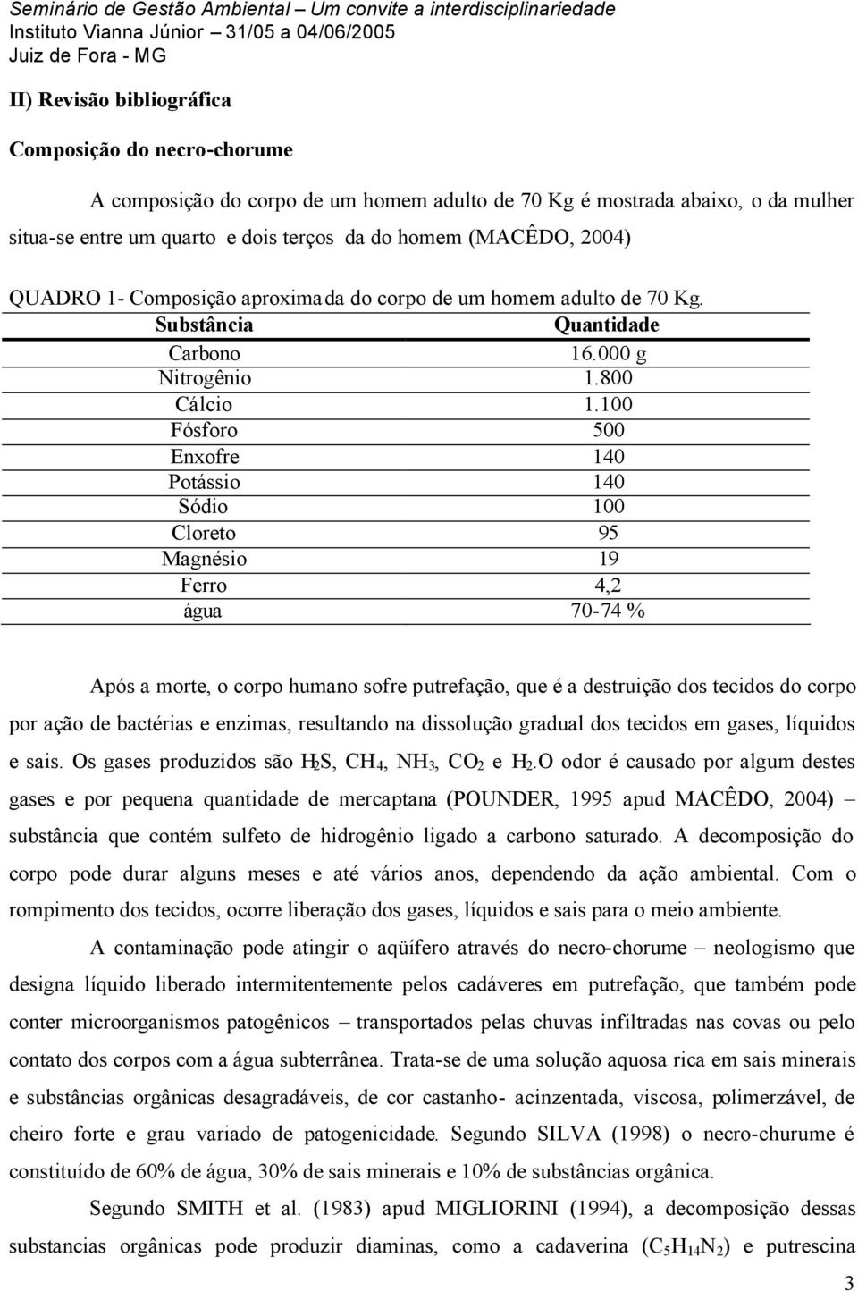 100 Fósforo 500 Enxofre 140 Potássio 140 Sódio 100 Cloreto 95 Magnésio 19 Ferro 4,2 água 70-74 % Após a morte, o corpo humano sofre putrefação, que é a destruição dos tecidos do corpo por ação de