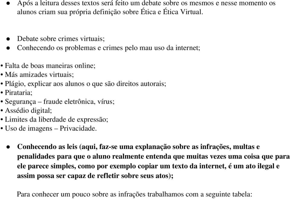 Pirataria; Segurança fraude eletrônica, vírus; Assédio digital; Limites da liberdade de expressão; Uso de imagens Privacidade.