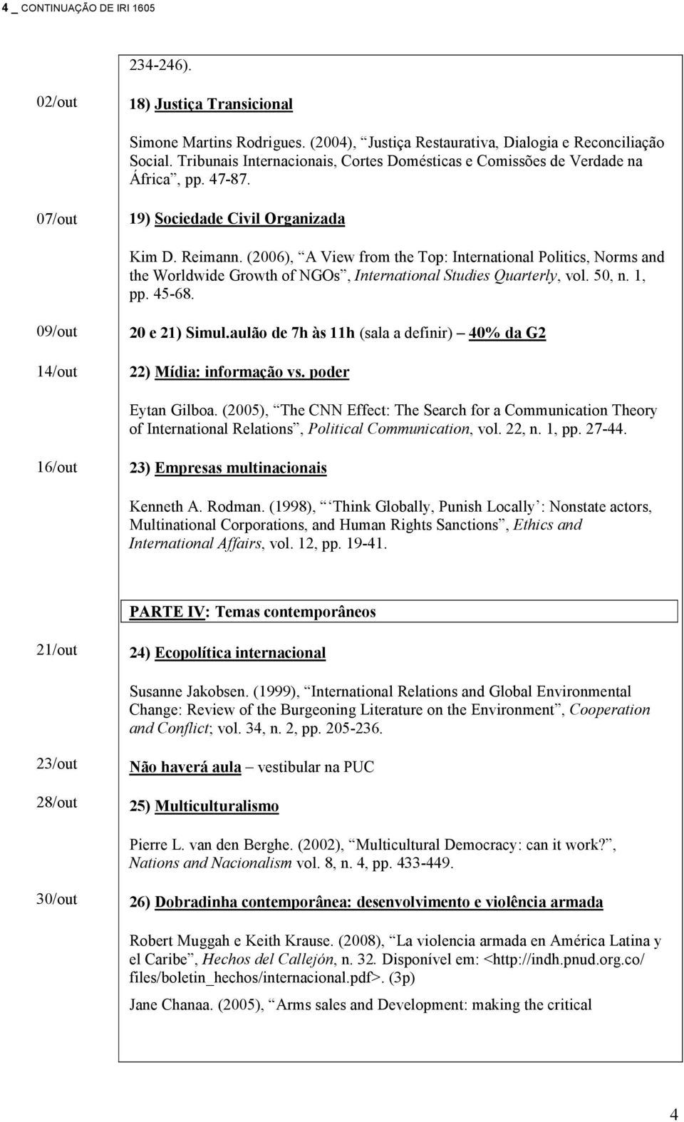 (2006), A View from the Top: International Politics, Norms and the Worldwide Growth of NGOs, International Studies Quarterly, vol. 50, n. 1, pp. 45-68. 09/out 14/out 20 e 21) Simul.