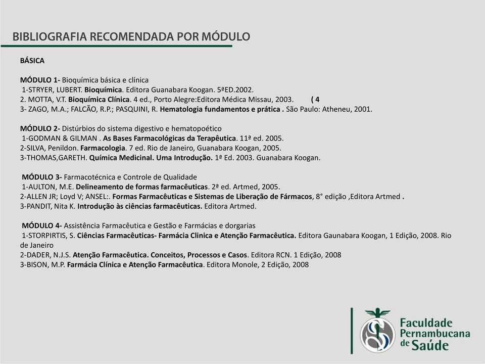 As Bases Farmacológicas da Terapêutica. 11ª ed. 2005. 2-SILVA, Penildon. Farmacologia. 7 ed. Rio de Janeiro, Guanabara Koogan, 2005. 3-THOMAS,GARETH. Química Medicinal. Uma Introdução. 1ª Ed. 2003.