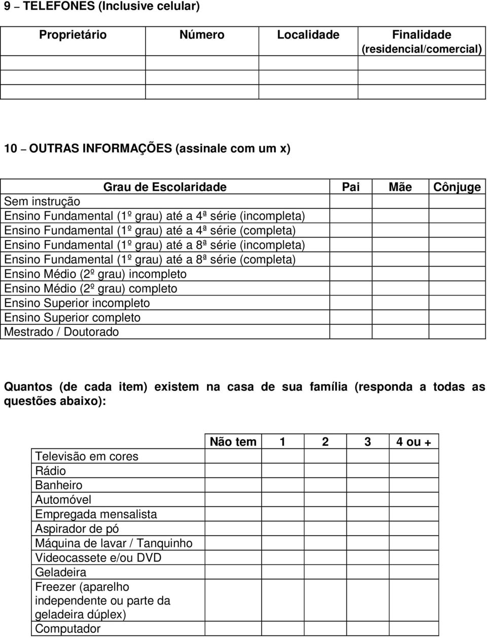 série (completa) Ensino Médio (2º grau) incompleto Ensino Médio (2º grau) completo Ensino Superior incompleto Ensino Superior completo Mestrado / Doutorado Quantos (de cada item) existem na casa de