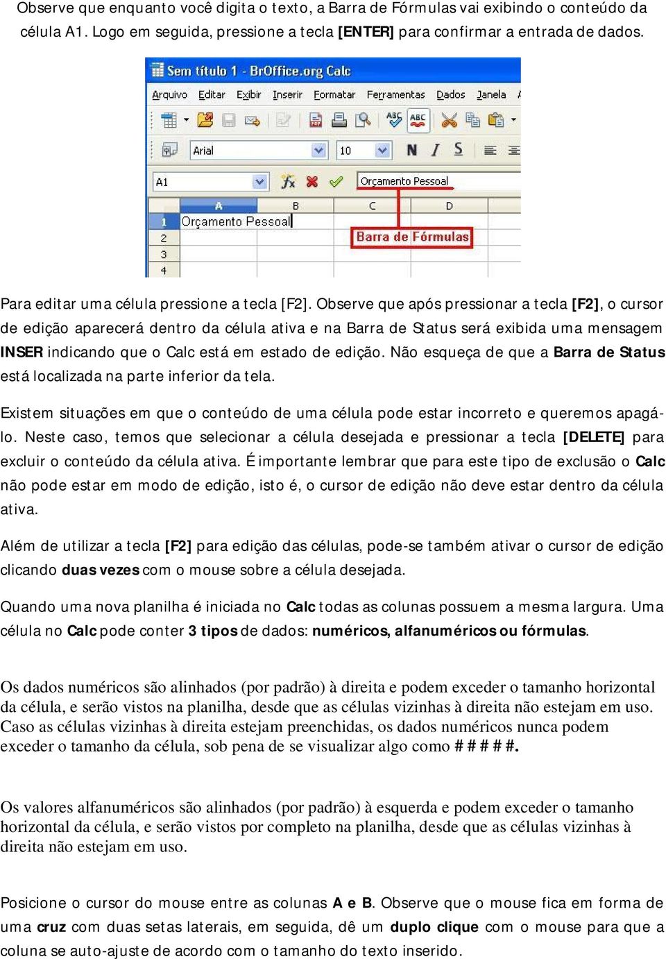 Observe que após pressionar a tecla [F2], o cursor de edição aparecerá dentro da célula ativa e na Barra de Status será exibida uma mensagem INSER indicando que o Calc está em estado de edição.