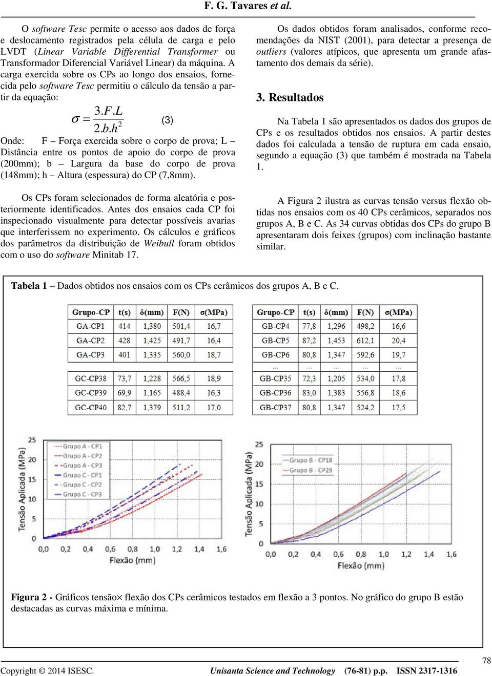 h σ (3) Onde: F Força exercida sobre o corpo de prova; L Distância entre os pontos de apoio do corpo de prova (200mm); b Largura da base do corpo de prova (148mm); h Altura (espessura) do CP (7,8mm).