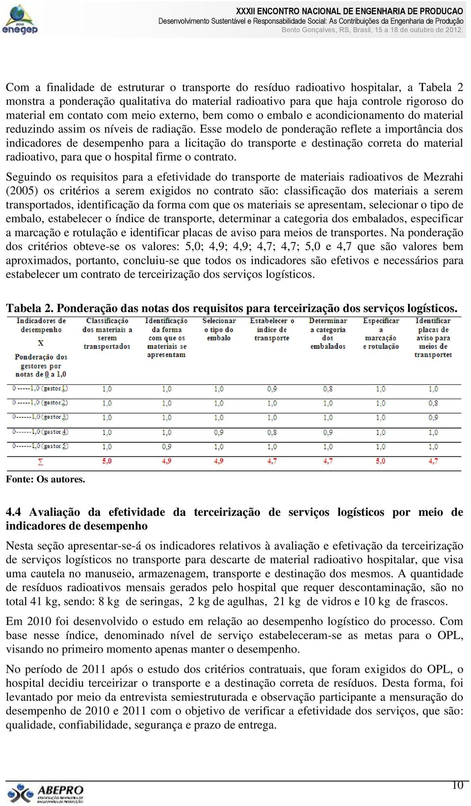 Esse modelo de ponderação reflete a importância dos indicadores de desempenho para a licitação do transporte e destinação correta do material radioativo, para que o hospital firme o contrato.