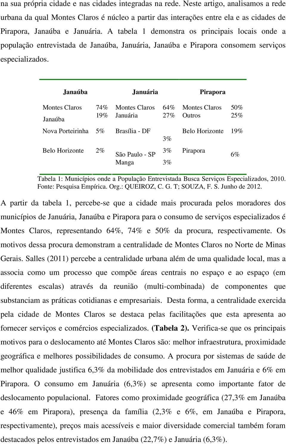 A tabela 1 demonstra os principais locais onde a população entrevistada de Janaúba, Januária, Janaúba e Pirapora consomem serviços especializados.