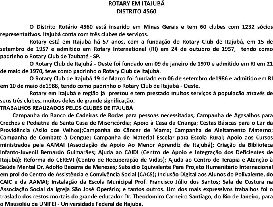 Club de Taubaté - SP. O Rotary Club de Itajubá - Oeste foi fundado em 09 de janeiro de 1970 e admitido em RI em 21 de maio de 1970, teve como padrinho o Rotary Club de Itajubá.