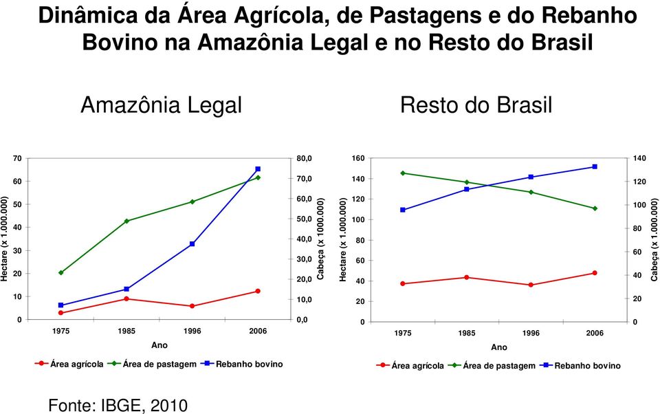 000) Hectare (x 1.000.000) 120 100 80 60 40 100 80 60 40 Cabeça (x 1.000.000) 10 10,0 20 20 0 1975 1985 1996 2006 Ano 0,0 0