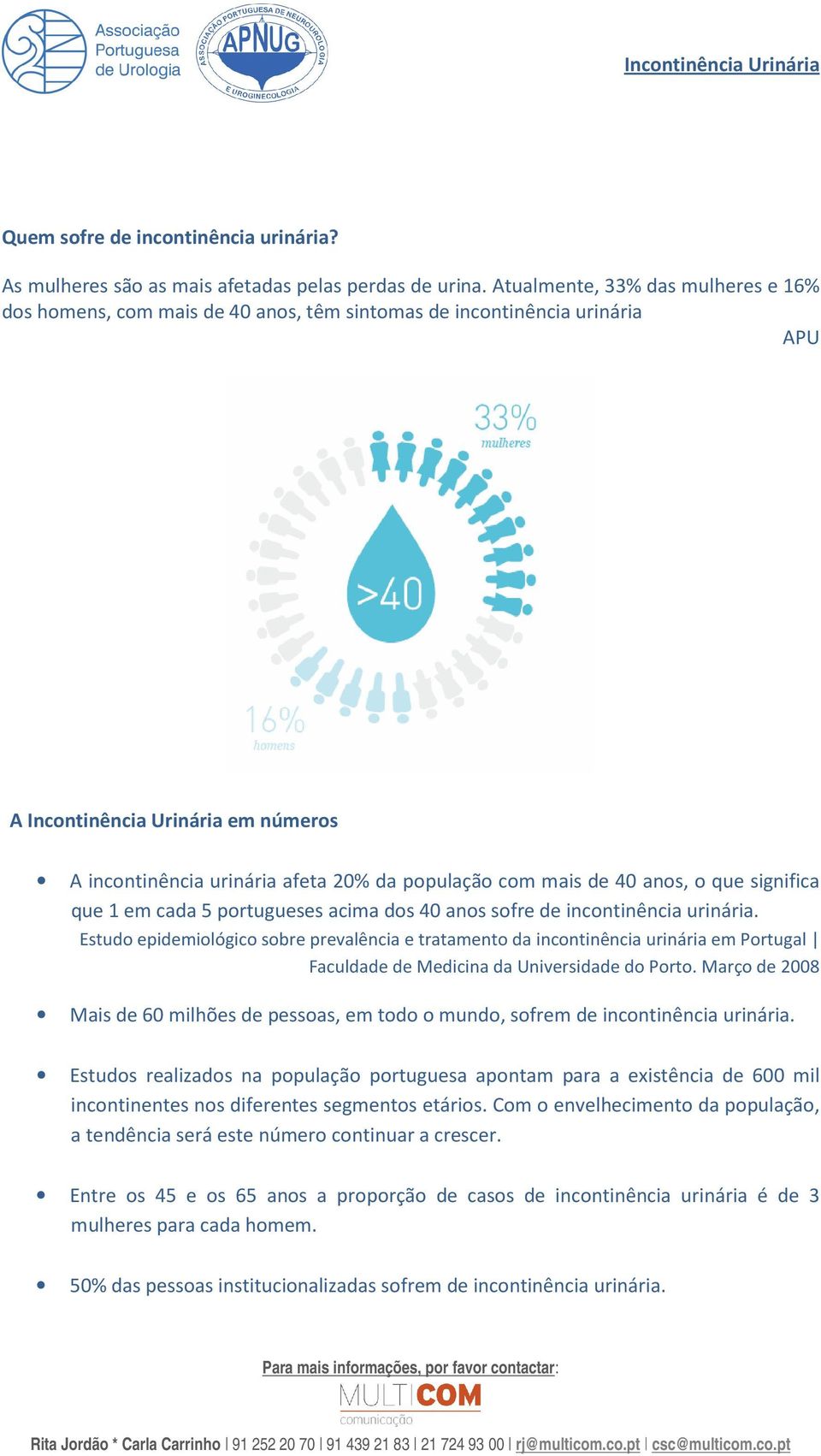 mais de 40 anos, o que significa que 1 em cada 5 portugueses acima dos 40 anos sofre de incontinência urinária.