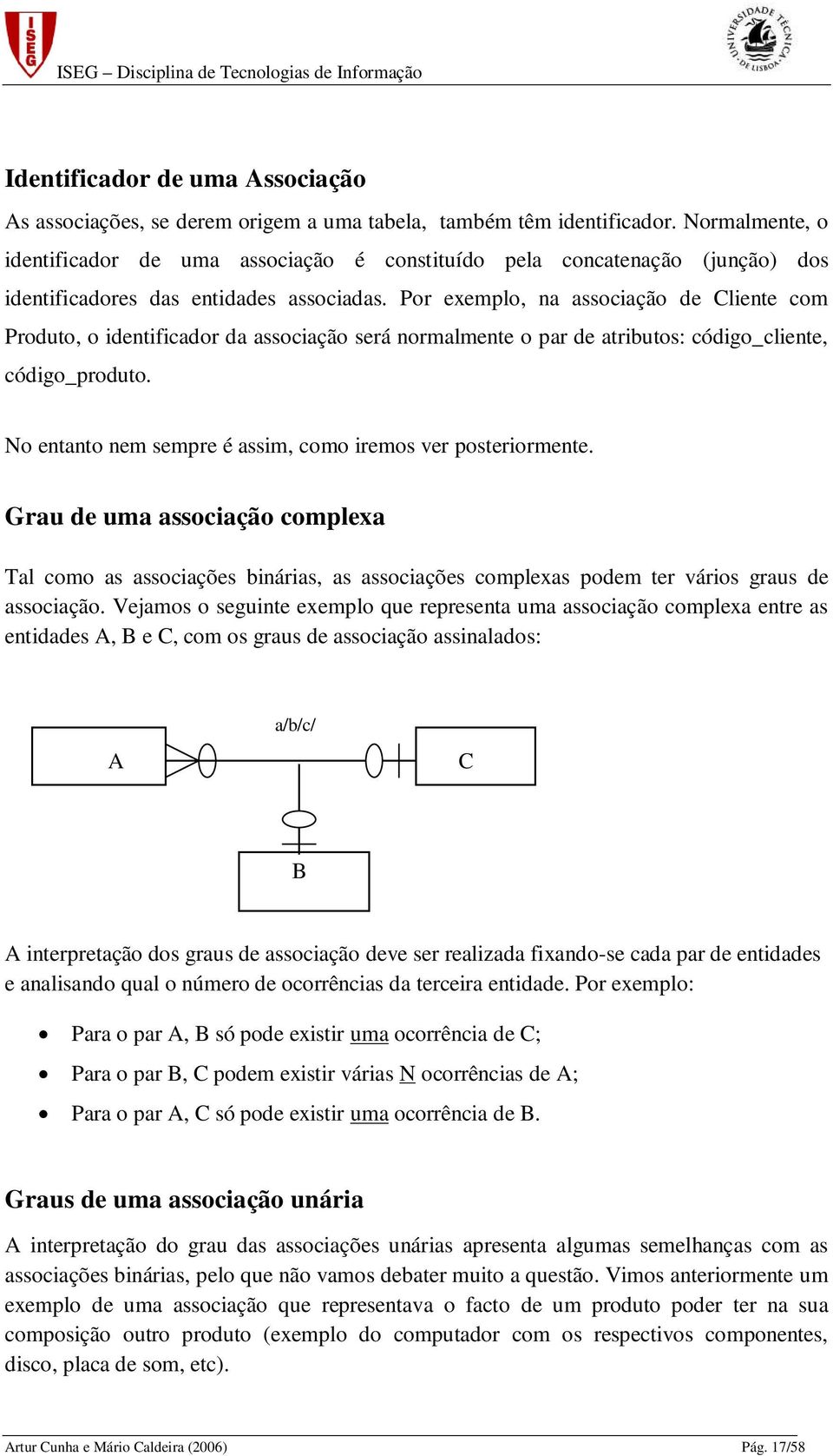 Por exemplo, na associação de Cliente com Produto, o identificador da associação será normalmente o par de atributos: código_cliente, código_produto.