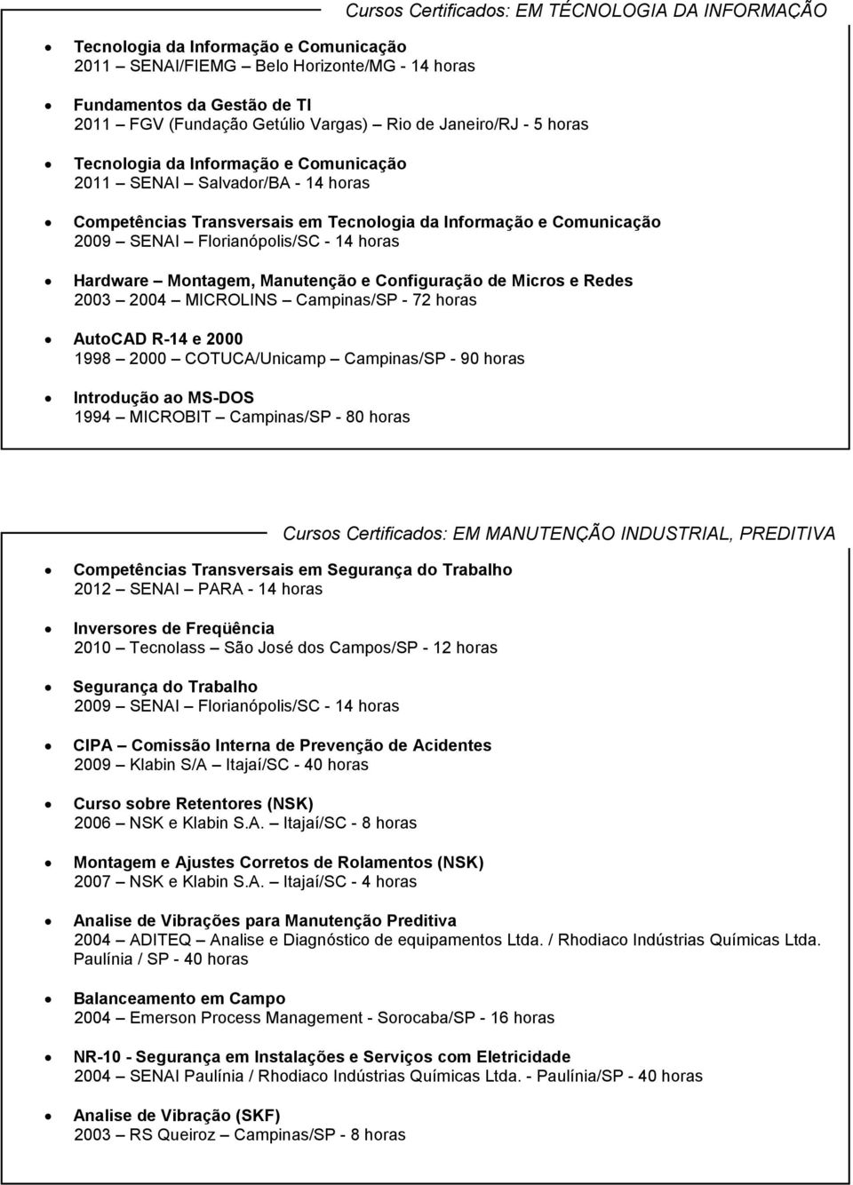 COTUCA/Unicamp Campinas/SP - 90 horas Introdução ao MS-DOS 1994 MICROBIT Campinas/SP - 80 horas Cursos Certificados: EM TÉCNOLOGIA DA INFORMAÇÃO Competências Transversais em Segurança do Trabalho