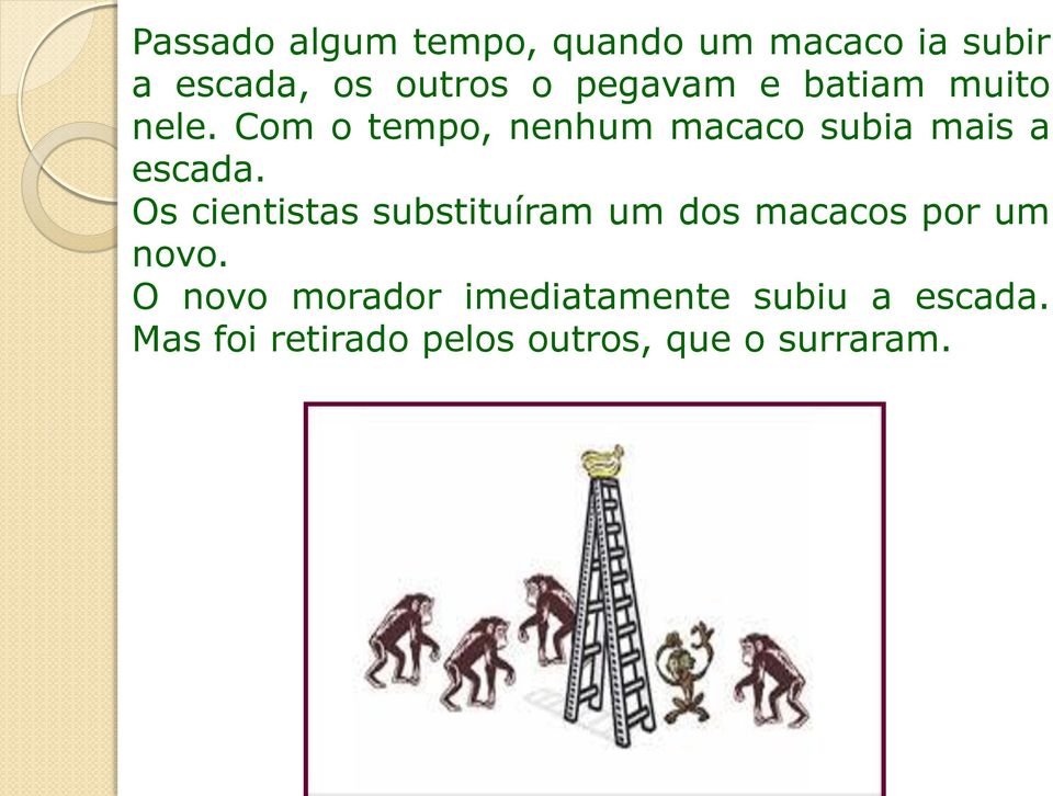 Com o tempo, nenhum macaco subia mais a escada.