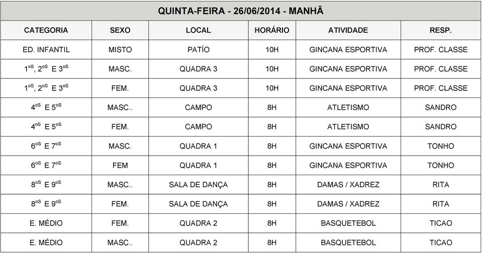 CAMPO 8H ATLETISMO SANDRO 6 os E 7 os MASC. QUADRA 1 8H GINCANA ESPORTIVA TONHO 6 os E 7 os FEM QUADRA 1 8H GINCANA ESPORTIVA TONHO 8 os E 9 os MASC.