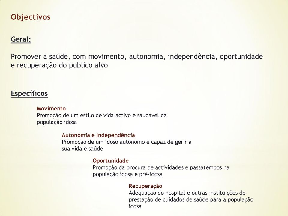 um idoso autónomo e capaz de gerir a sua vida e saúde Oportunidade Promoção da procura de actividades e passatempos na