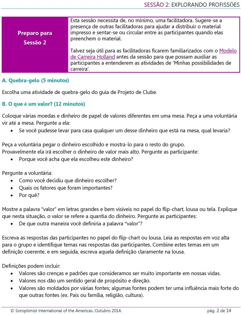 Talvez seja útil para as facilitadoras ficarem familiarizados com o Modelo de Carreira Holland antes da sessão para que possam auxiliar as participantes a entenderem as atividades de Minhas