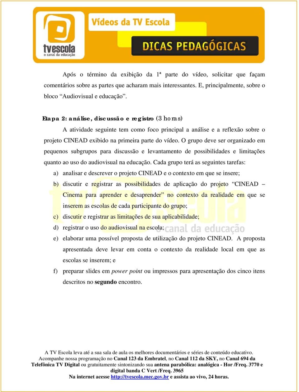 O grupo deve ser organizado em pequenos subgrupos para discussão e levantamento de possibilidades e limitações quanto ao uso do audiovisual na educação.