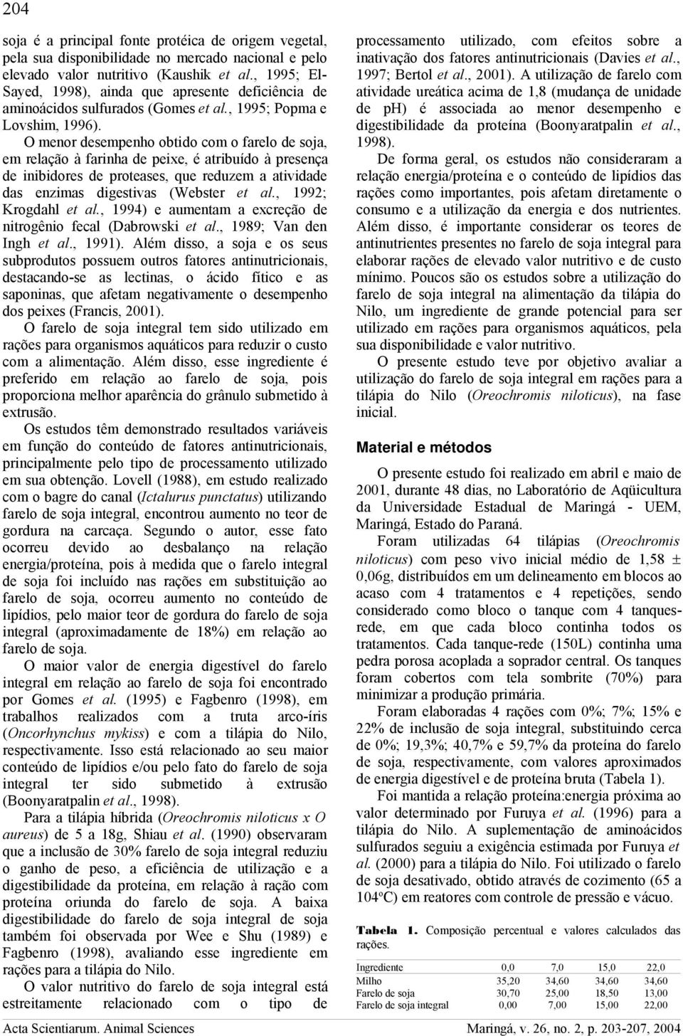 O menor desempenho obtido com o farelo de soja, em relação à farinha de peixe, é atribuído à presença de inibidores de proteases, que reduzem a atividade das enzimas digestivas (Webster et al.