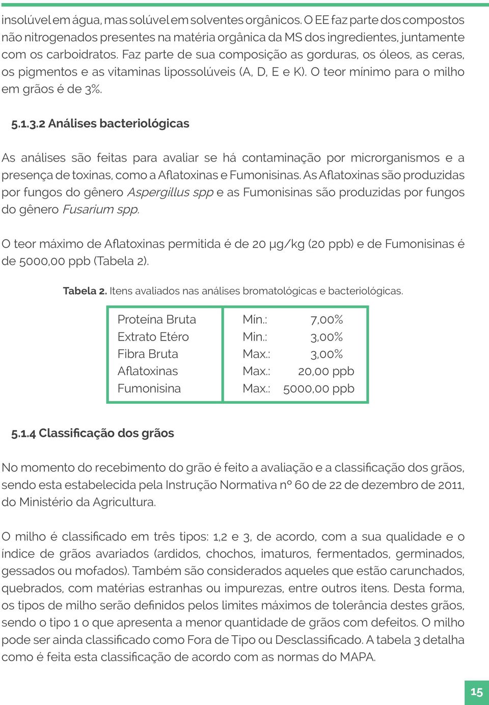 . 5.1.3.2 análises bacteriológicas As análises são feitas para avaliar se há contaminação por microrganismos e a presença de toxinas, como a Aflatoxinas e Fumonisinas.