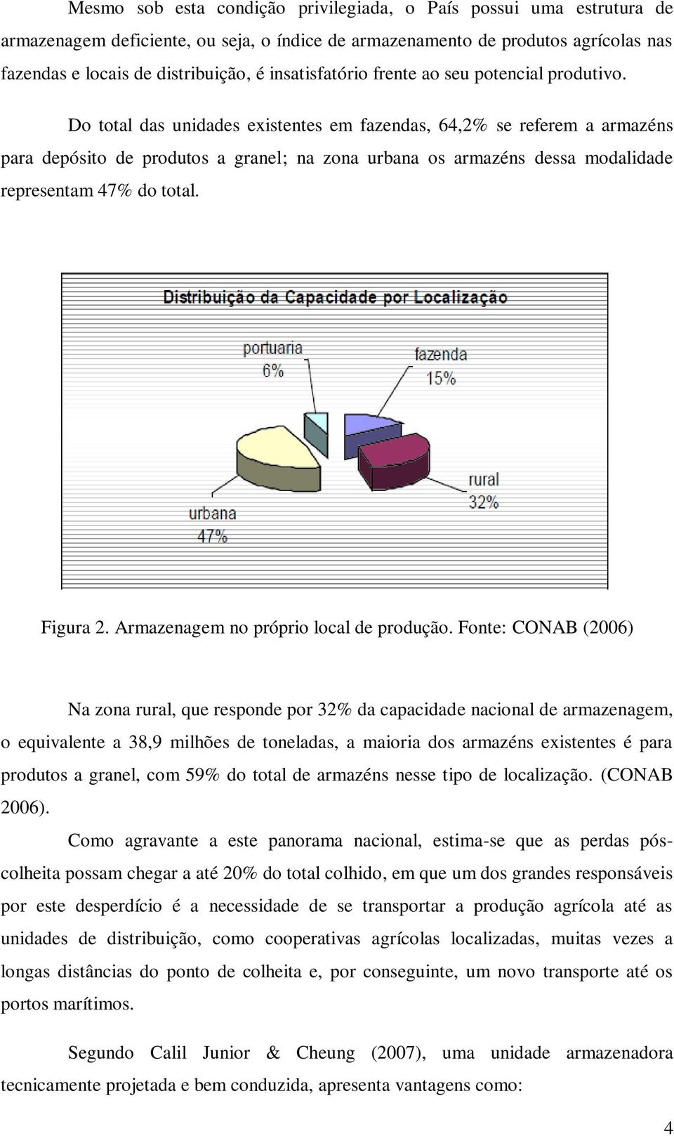 Do total das unidades existentes em fazendas, 64,2% se referem a armazéns para depósito de produtos a granel; na zona urbana os armazéns dessa modalidade representam 47% do total. Figura 2.