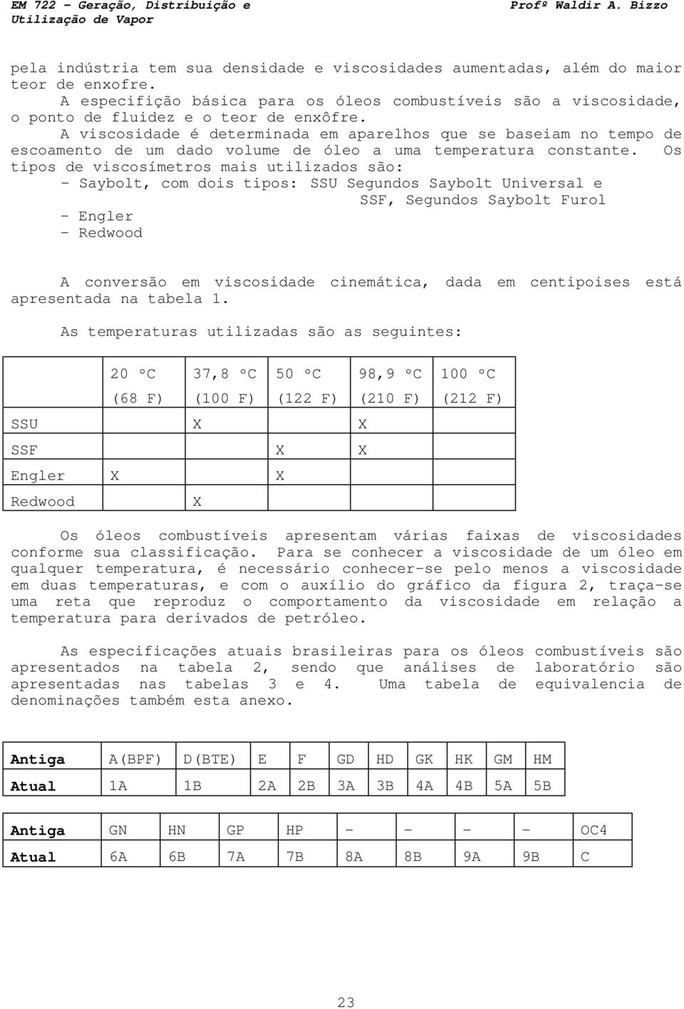 Os tipos de viscosímetros mais utilizados são: - Saybolt, com dois tipos: SSU Segundos Saybolt Universal e SSF, Segundos Saybolt Furol - Engler - Redwood A conversão em viscosidade cinemática, dada