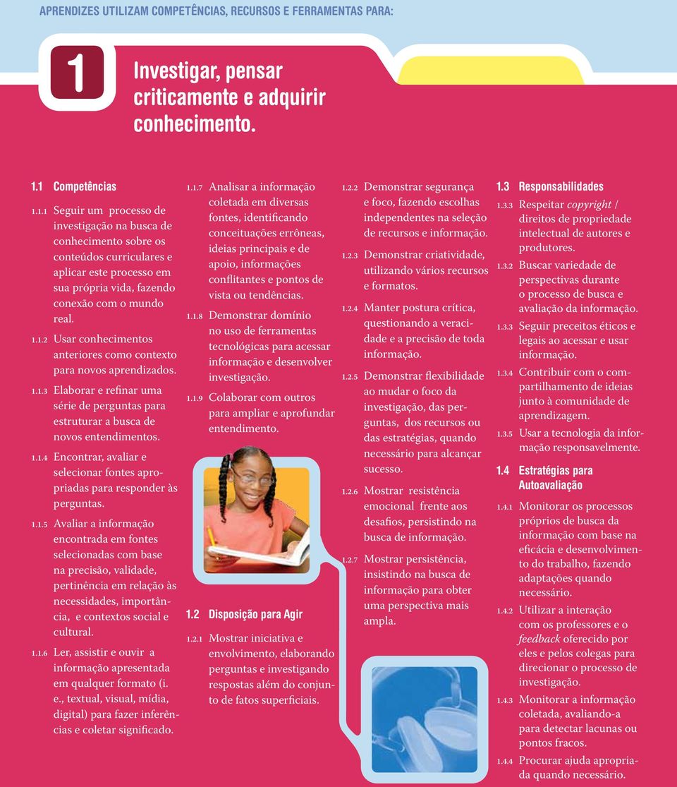 1 Competências 1.1.1 Seguir um processo de investigação na busca de conhecimento sobre os conteúdos curriculares e aplicar este processo em sua própria vida, fazendo conexão com o mundo real. 1.1.2 Usar conhecimentos anteriores como contexto para novos aprendizados.