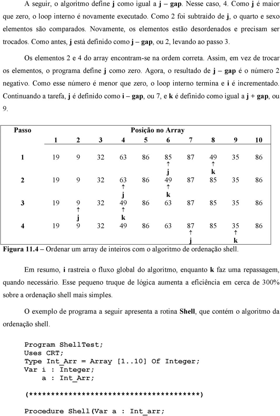 Assim, em vez de trocar os elementos, o programa define j como zero. Agora, o resultado de j gap é o número 2 negativo. Como esse número é menor que zero, o loop interno termina e i é incrementado.