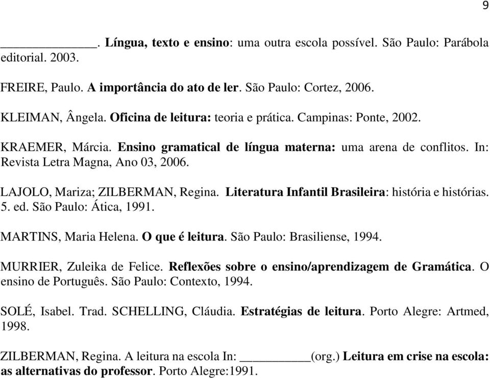 LAJOLO, Mariza; ZILBERMAN, Regina. Literatura Infantil Brasileira: história e histórias. 5. ed. São Paulo: Ática, 1991. MARTINS, Maria Helena. O que é leitura. São Paulo: Brasiliense, 1994.