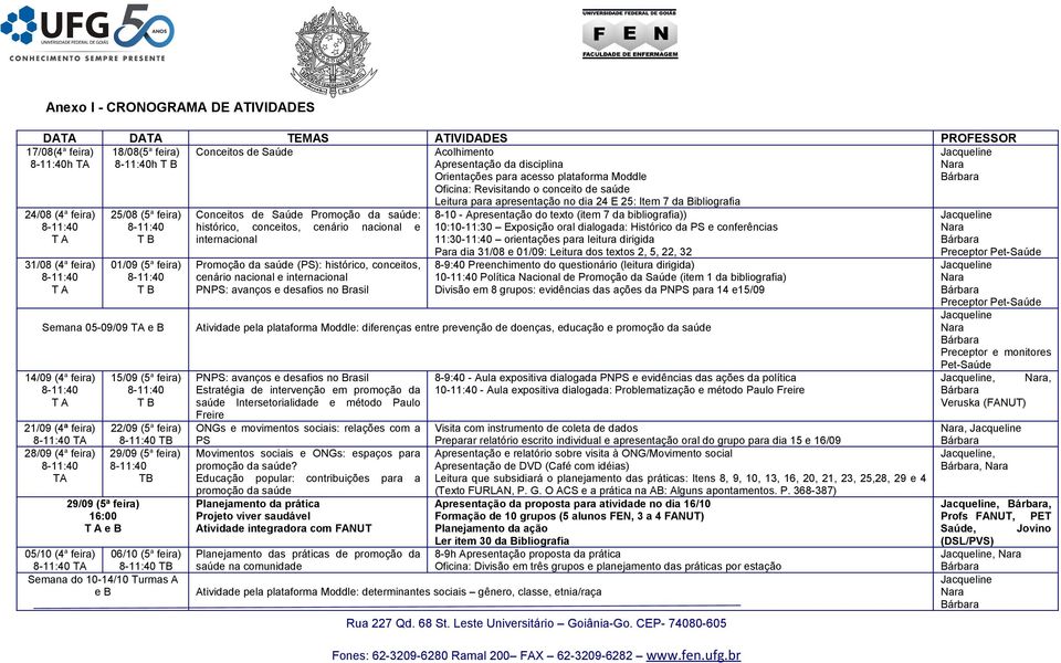 05/10 (4 a feira) 06/10 (5 a feira) Semana do 10-14/10 Turmas A e B Conceitos de Saúde Promoção da saúde: histórico, conceitos, cenário nacional e internacional Promoção da saúde (PS): histórico,