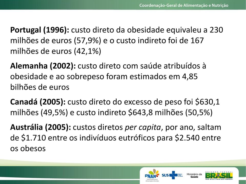 de euros Canadá (2005): custo direto do excesso de peso foi $630,1 milhões (49,5%) e custo indireto $643,8 milhões (50,5%)