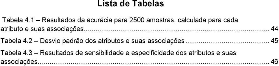 atributo e suas associações..... 44 Tabela 4.