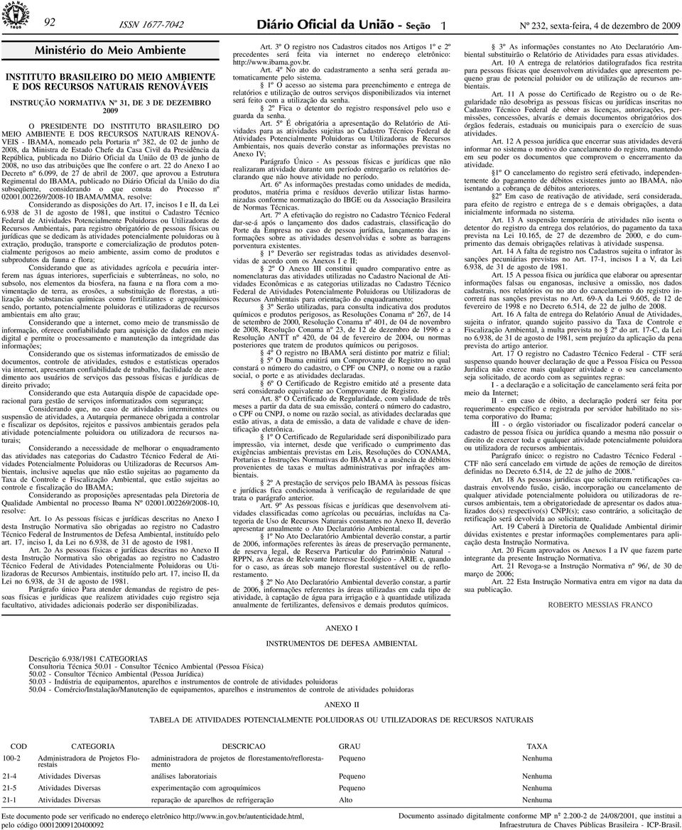 AMBIENTE E DOS RECURSOS NATURAIS RENOVÁ- VEIS - IBAMA, nomeado pela Portaria nº 382, de 02 de junho de 2008, da Ministra de Estado Chefe da Casa Civil da Presidência da República, publicada no Diário