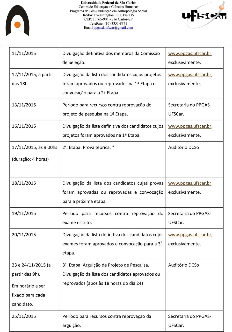 13/11/2015 Período para recursos contra reprovação de projeto de pesquisa na 1ª Etapa. 16/11/2015 Divulgação da lista definitiva dos candidatos cujos projetos foram aprovados na 1ª Etapa.