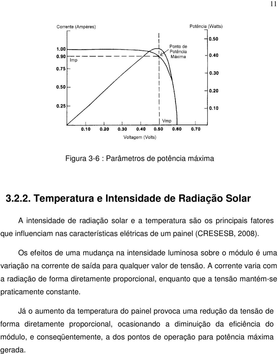 (CRESESB, 2008). Os efeitos de uma mudança na intensidade luminosa sobre o módulo é uma variação na corrente de saída para qualquer valor de tensão.