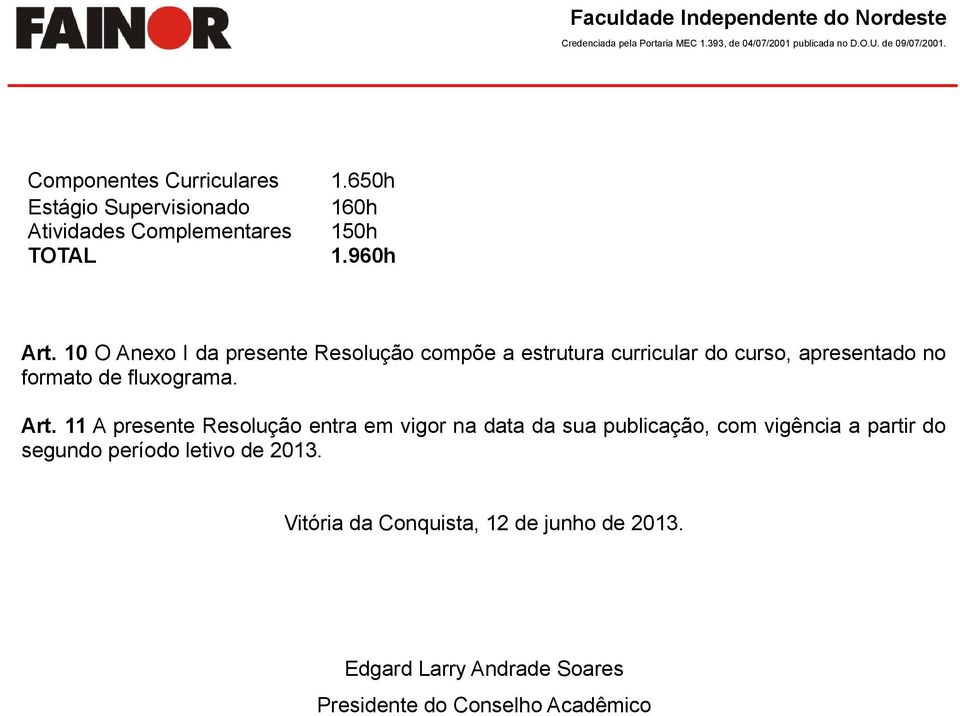 Art. 11 A presente Resolução entra em vigor na data da sua publicação, com vigência a partir do segundo período