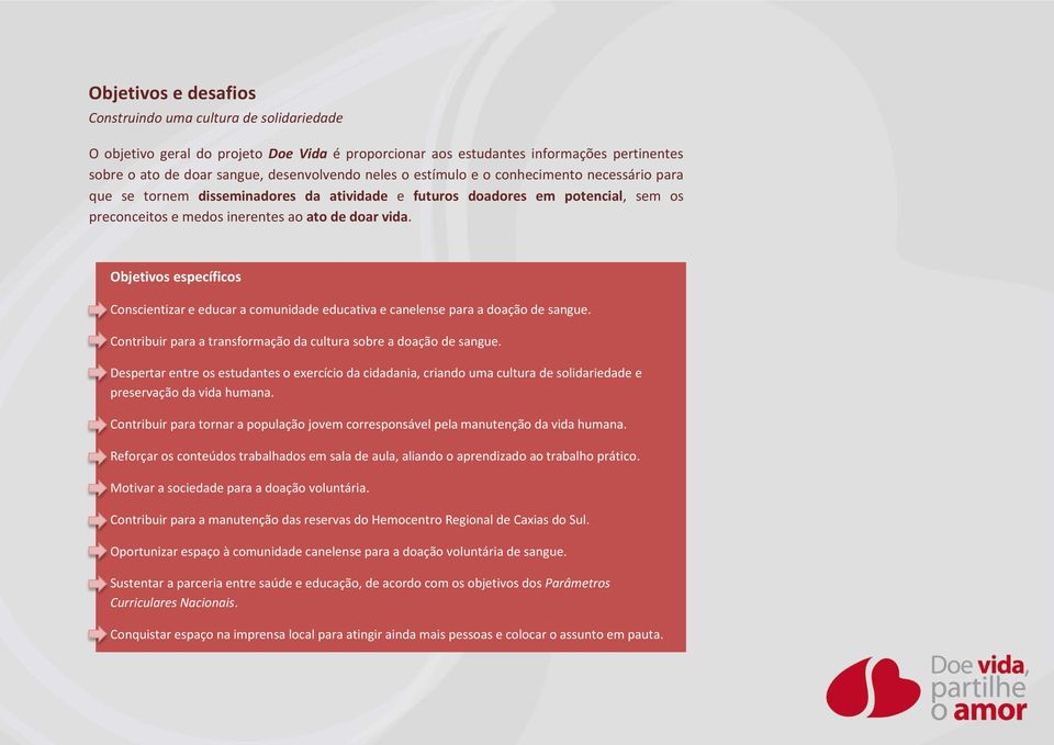 Objetivos específicos Conscientizar e educar a comunidade educativa e canelense para a doação de sangue. Contribuir para a transformação da cultura sobre a doação de sangue.