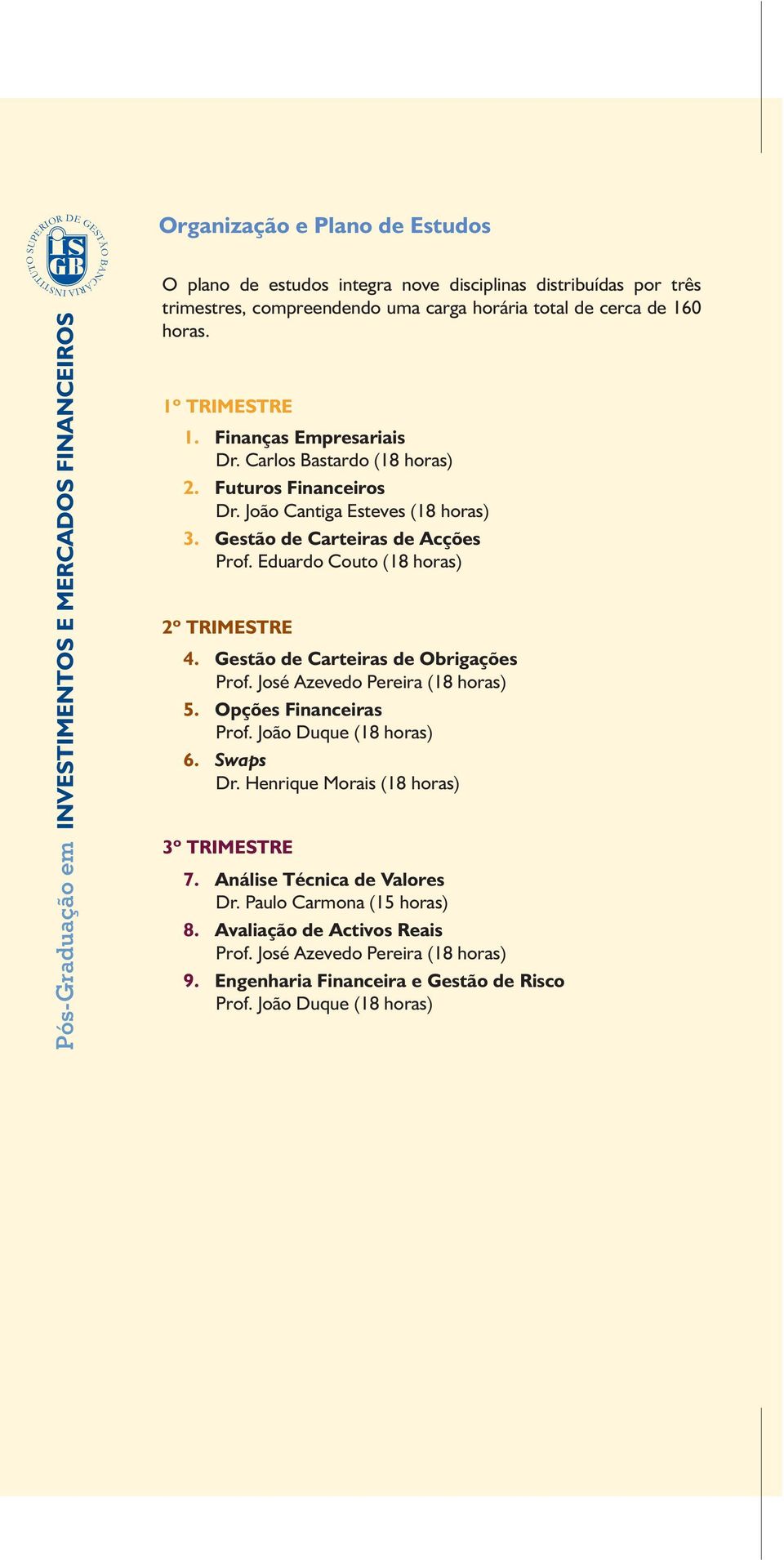 Gestão de Carteiras de Acções Prof. Eduardo Couto (18 horas) 2º TRIMESTRE 4. 5. 6. Gestão de Carteiras de Obrigações Prof. José Azevedo Pereira (18 horas) Opções Financeiras Prof.