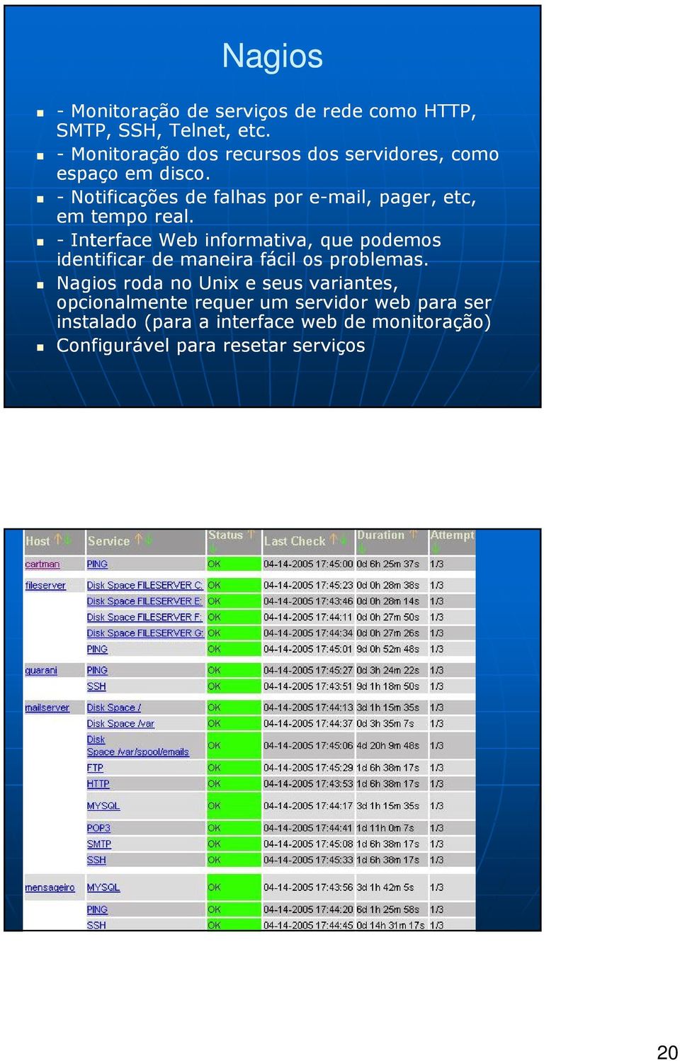 - Notificações de falhas por e-mail, pager, etc, em tempo real.