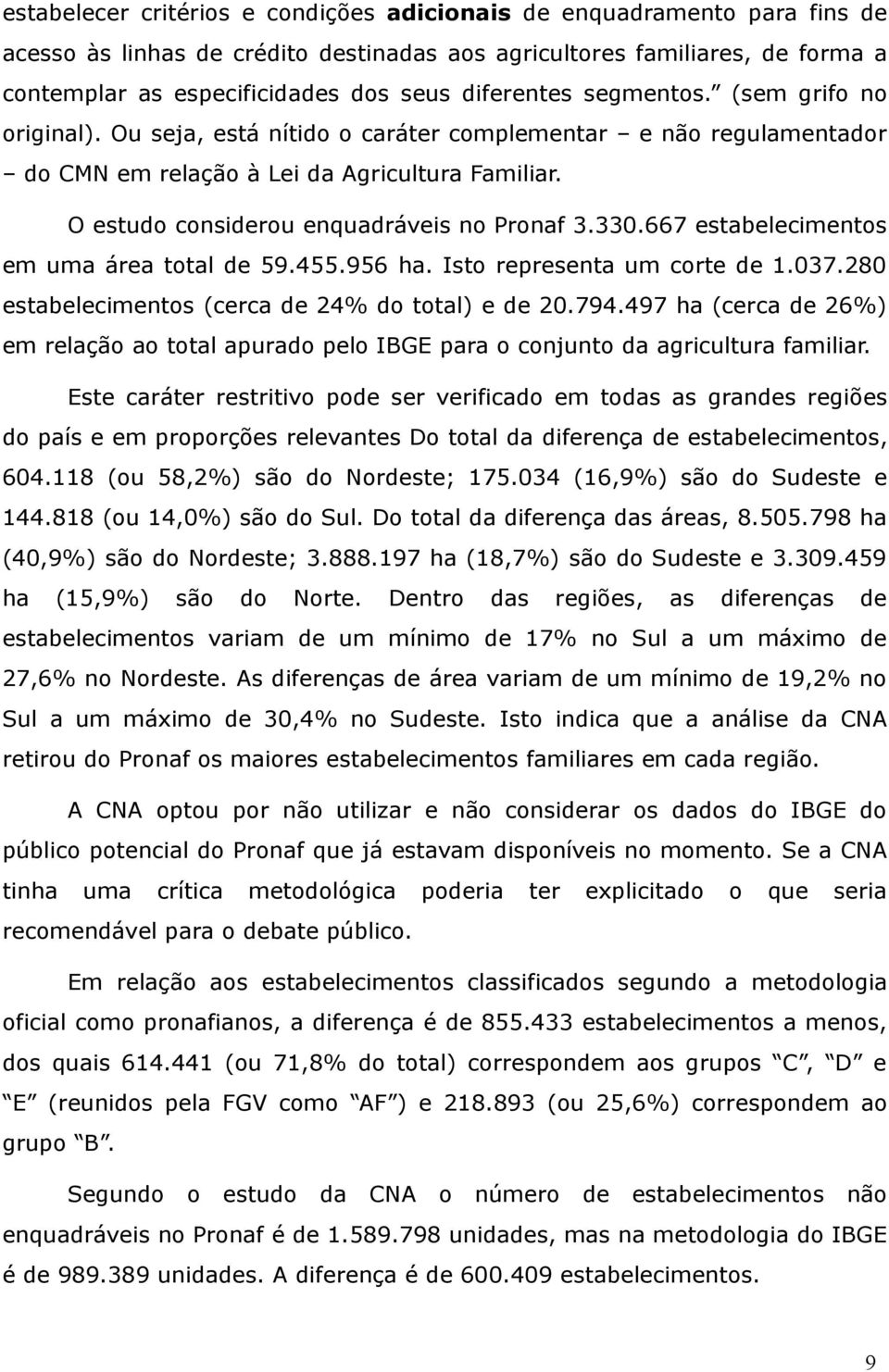 O estudo considerou enquadráveis no Pronaf 3.330.667 estabelecimentos em uma área total de 59.455.956 ha. Isto representa um corte de 1.037.280 estabelecimentos (cerca de 24% do total) e de 20.794.