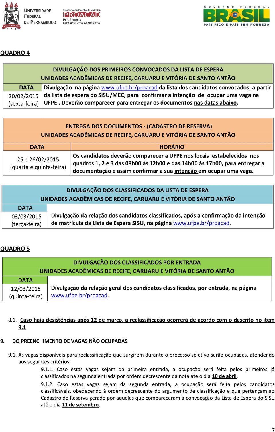 Deverão comparecer para entregar os documentos nas datas abaixo.