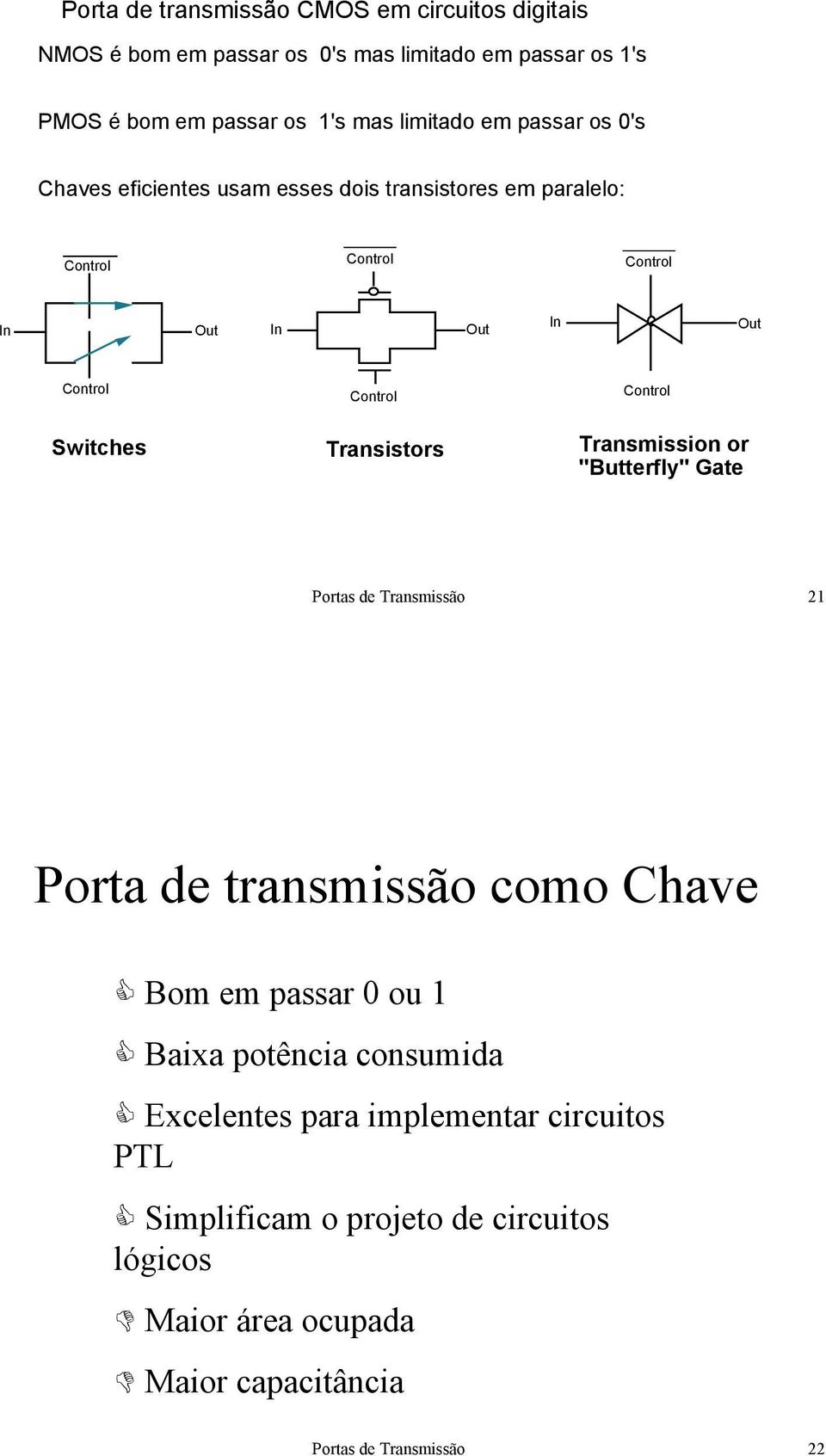 Switches Transistors Transmission or "Butterfly" Gate Portas de Transmissão 21 Porta de transmissão como Chave Bom em passar 0 ou 1 Baixa potência