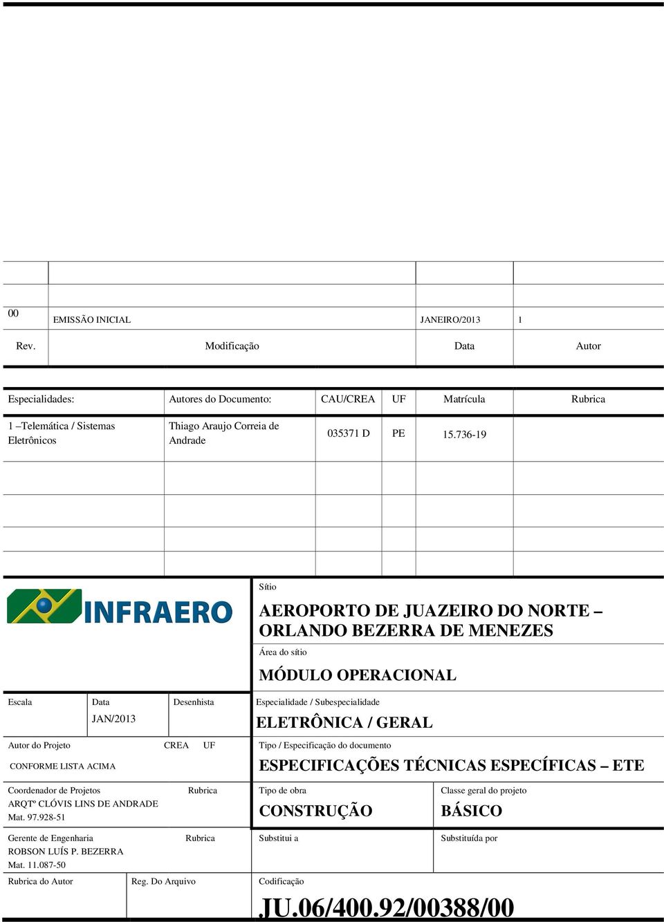 736-19 Sítio AEROPORTO DE JUAZEIRO DO NORTE ORLANDO BEZERRA DE MENEZES Área do sítio MÓDULO OPERACIONAL Escala Data Desenhista Especialidade / Subespecialidade JAN/2013 ELETRÔNICA / GERAL Autor do