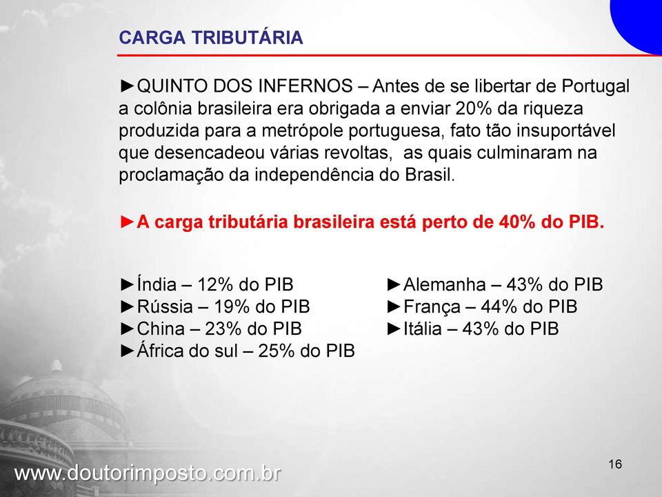 proclamação da independência do Brasil. A carga tributária brasileira está perto de 40% do PIB.