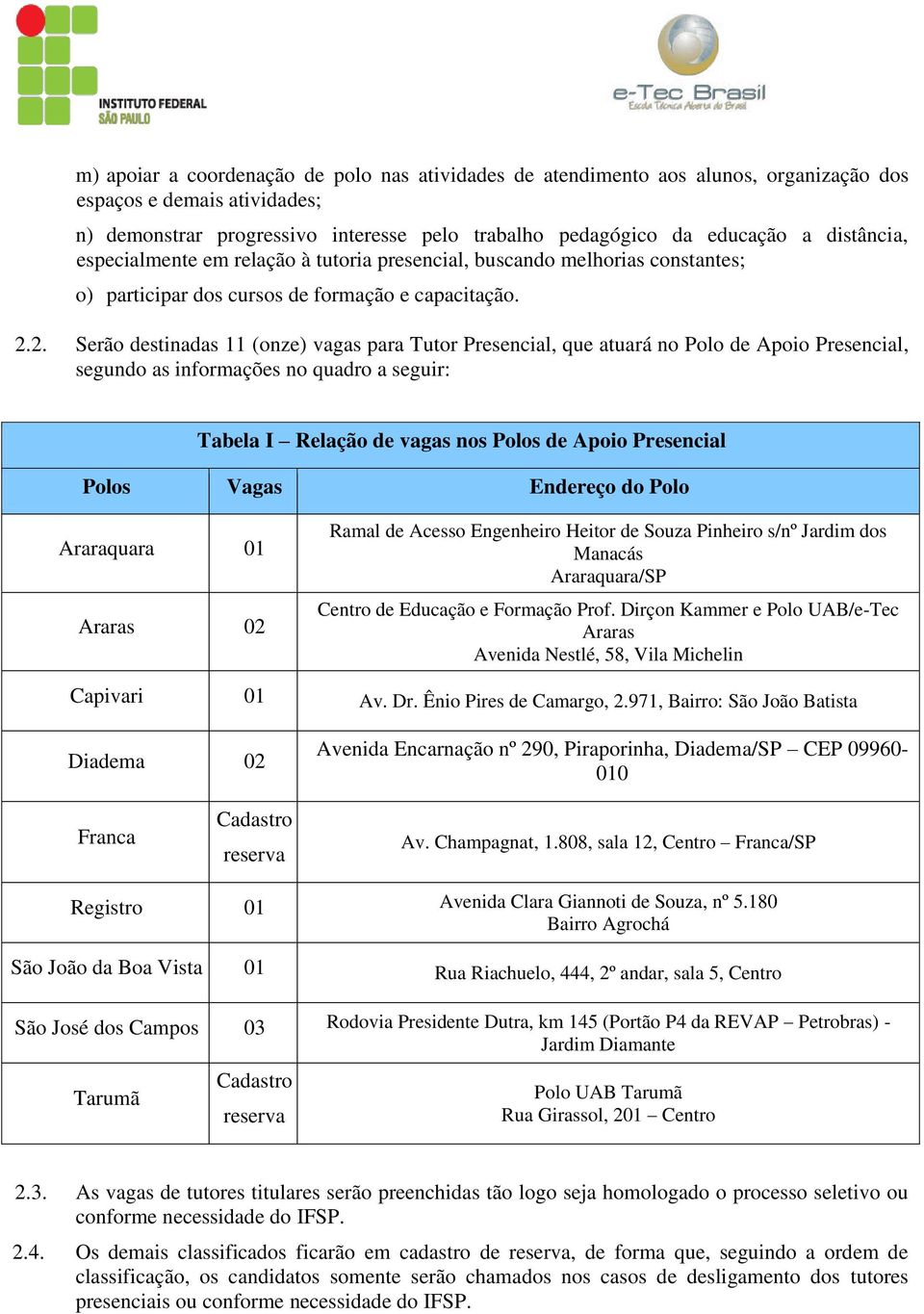 2. Serão destinadas 11 (onze) vagas para Tutor Presencial, que atuará no Polo de Apoio Presencial, segundo as informações no quadro a seguir: Tabela I Relação de vagas nos Polos de Apoio Presencial