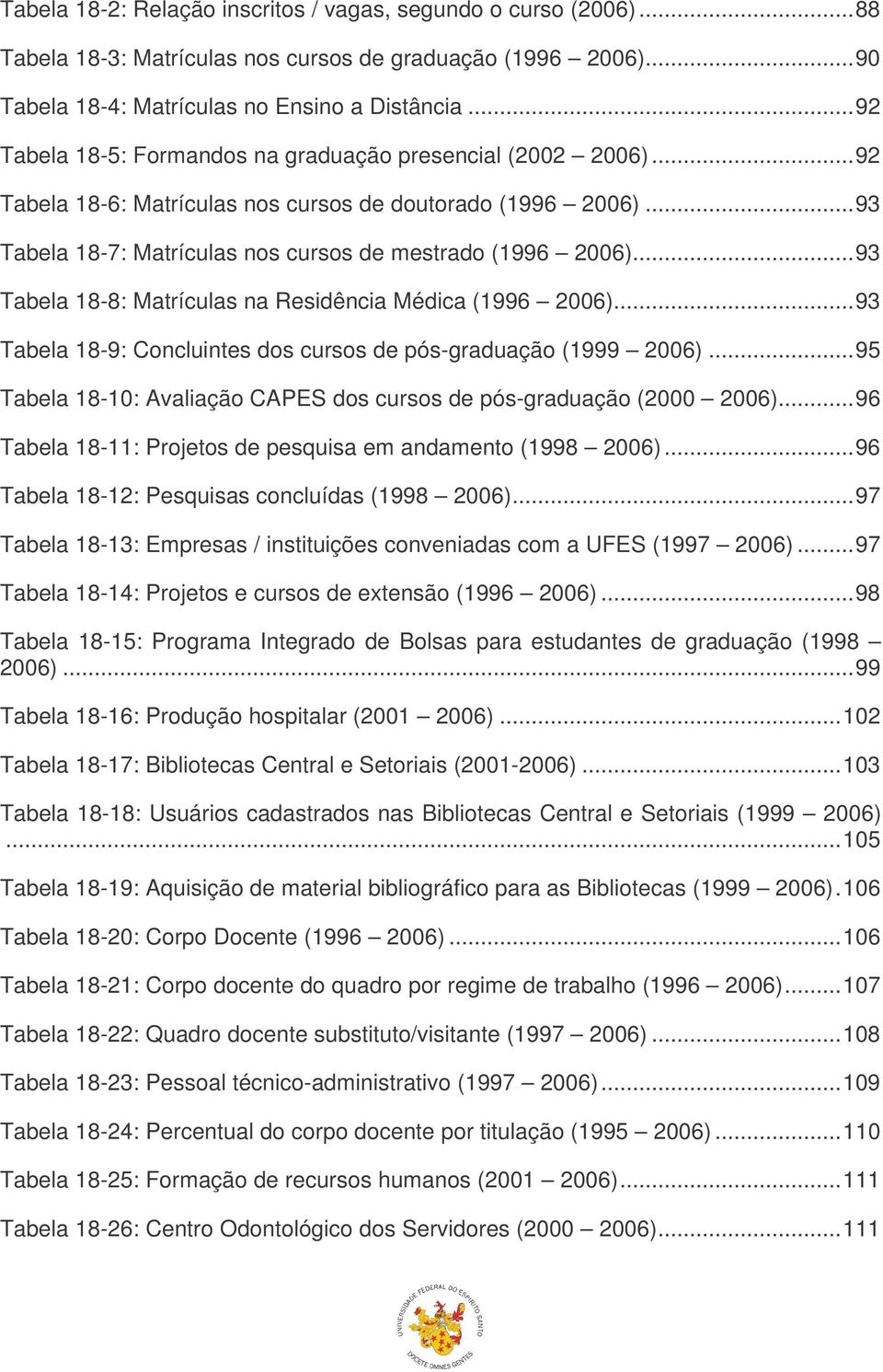 ..93 Tabela 18-8: Matrículas na Residência Médica (1996 2006)...93 Tabela 18-9: Concluintes dos cursos de pós-graduação (1999 2006).