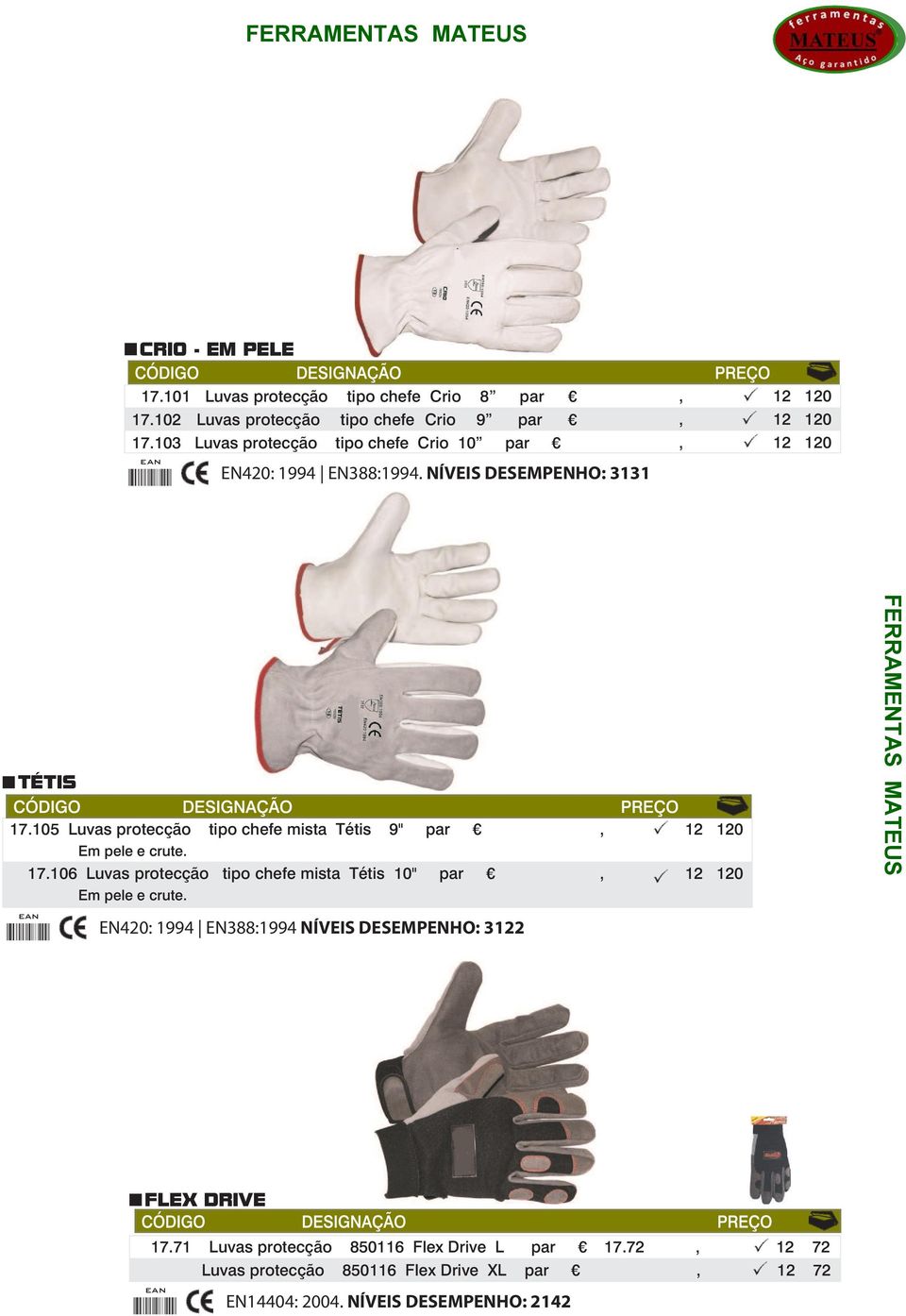 105 Luvas protecção tipo chefe mista Tétis 9" par, 12 120 Em pele e crute. 17.106 Luvas protecção tipo chefe mista Tétis 10" par, 12 120 Em pele e crute.