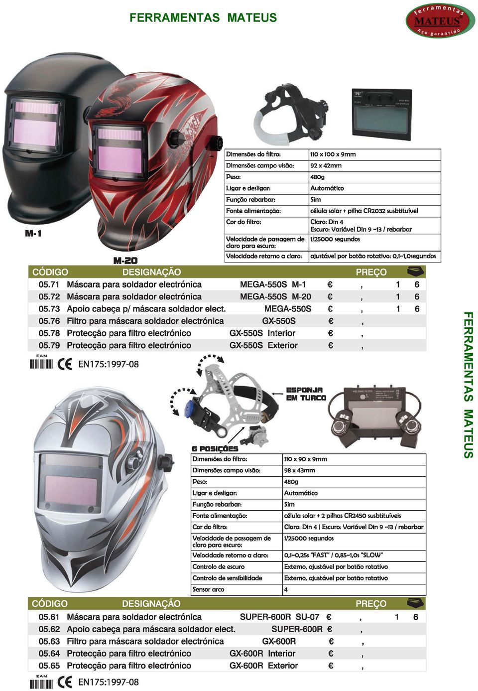 05.71 Máscara para soldador electrónica MEGA-550S M-1 05.72 Máscara para soldador electrónica MEGA-5505 M-20 05.73 Apoio cabeça p/ máscara soldador elect. MEGA-5505 05.